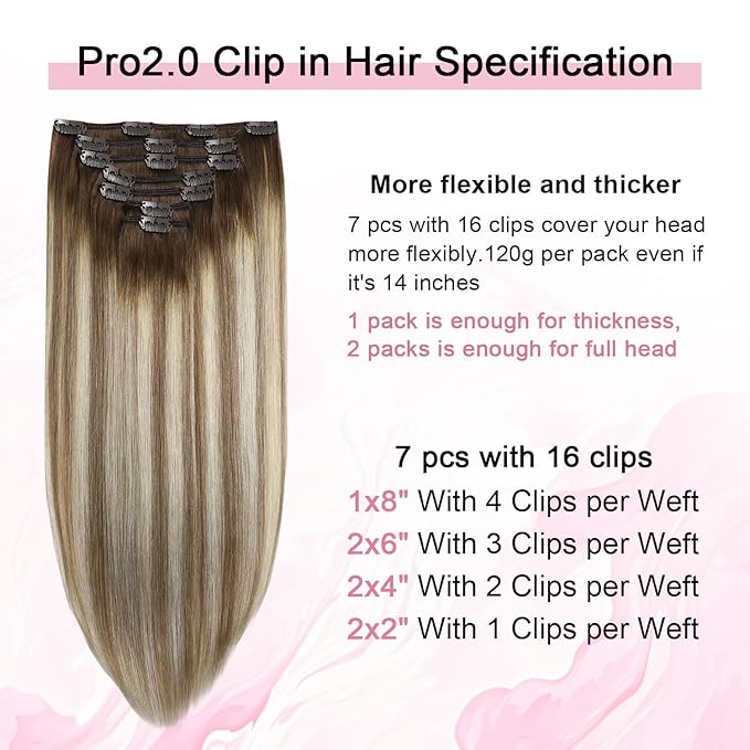 Pro2.0 Remy Clip in Extensions Real Human Hair #3/8/22 Walnut Brown to Ash Brown and Golden Blonde Clip in Hair Extensions Real Human Hair 18inch 120g Thick 7pcs Double Weft（#3/8/22-18inch）