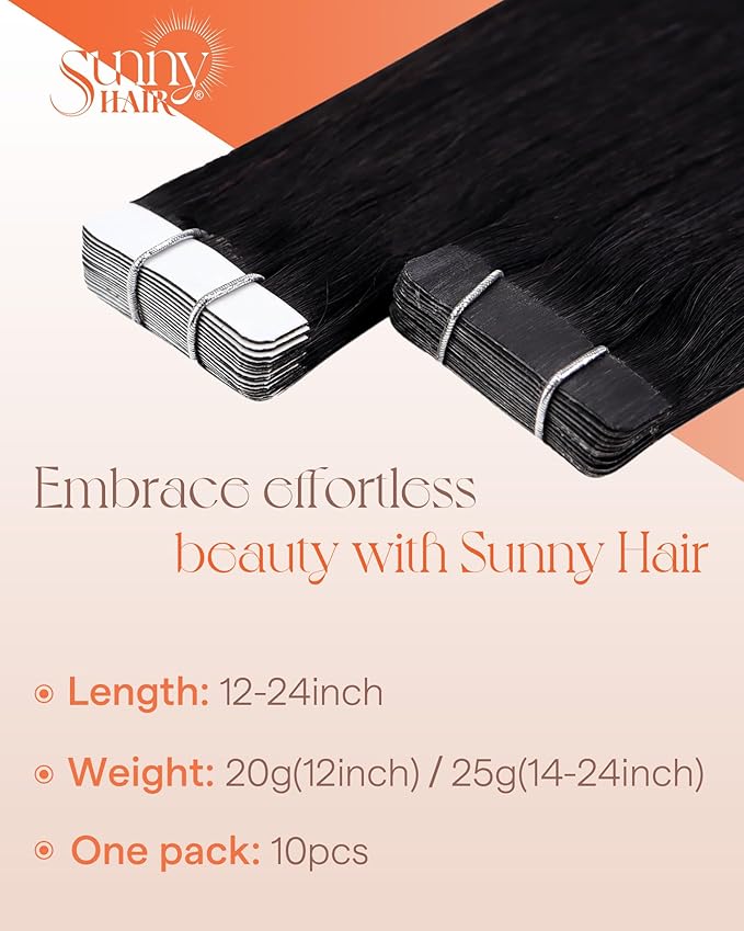 Sunny Hair Tape in Hair Extensions Real Human Hair Invisible Remy Hair Extensions Tape ins for Women Jet Black 24 inch 25G