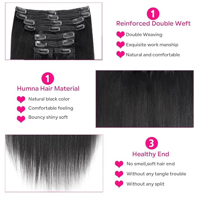 Yaki Straight Clip in Hair Extensions Real Human Hair 8Pcs Remy Human hair Clip ins for Women, Natural Soft Human Hair 120g 28inch #1B Natural Black