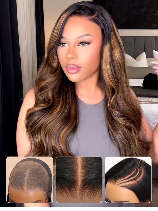 Julia Hair Bye Bye Knots Glueless Wig Highlight Balayage Brown Body Wave 7x5 Pre Cut HD Lace Front Wigs Human Hair Pre Plucked Bleached Knots Pre Everything Ready To Go Ombre Wig 20 Inch