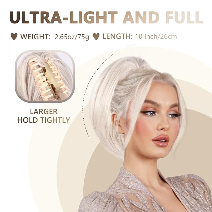 10 Inch Short Ponytail Extension - Clip in Ponytail Hair Extensions, Straight Pony Tails Hair Extensions, Synthetic Claw Clip Ponytail Extension for Women (Color: Light Blonde)