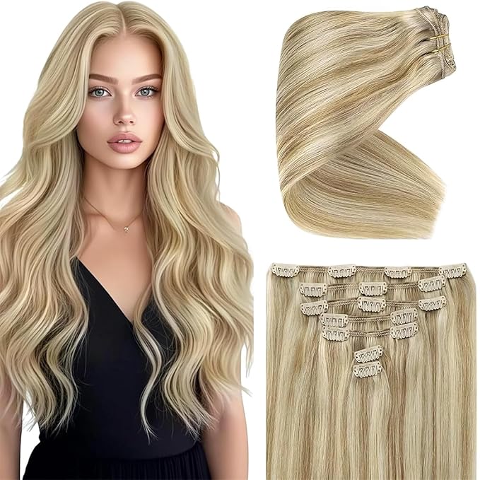 Ve Sunny Human Hair Clip in Extensions Dark Blonde Highlights Golden Blonde Remy Hair Extensions for Women Clip on Hair Extensions Human Hair Short 5pcs 80g 12 inch