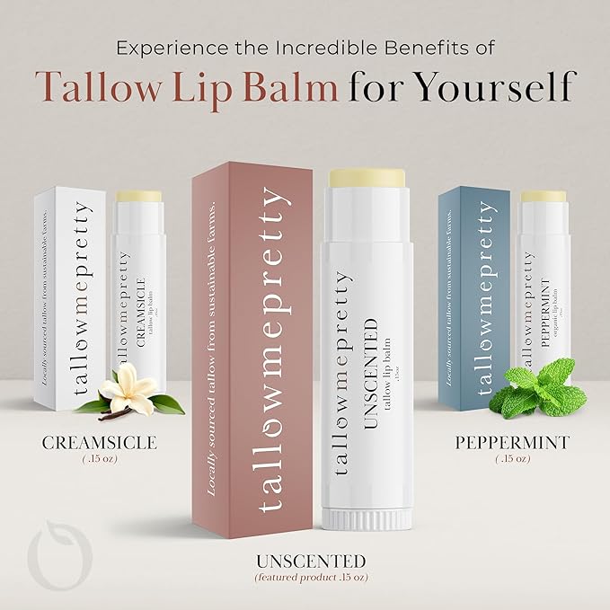 Unscented Lip Balm, Ultra-Soothing, Deeply Hydrating Tallow Lip Balm with Grass Fed Beef Tallow, Beeswax, Jojoba Oil & More, Non Toxic Lip Care, Made in the USA, 0.15 Oz.