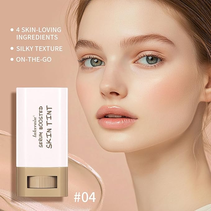 Multi-Use Foundation Stick Beauty Balm Serum Boosted Skin Tint, On-The-Go Tinted Solid Serum, Lightweight and Buildable Creamy Skin Tint Stick Makeup, Natural Finish(04#)