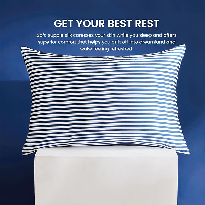 THXSILK Mulberry Silk Pillowcase for Hair and Skin Health, Grade 6A+ Mulberry Silk Pillowcase with Hidden Zipper, Soft and Breathable, 1pc (Standard 20"x26", Blue White Stripes)