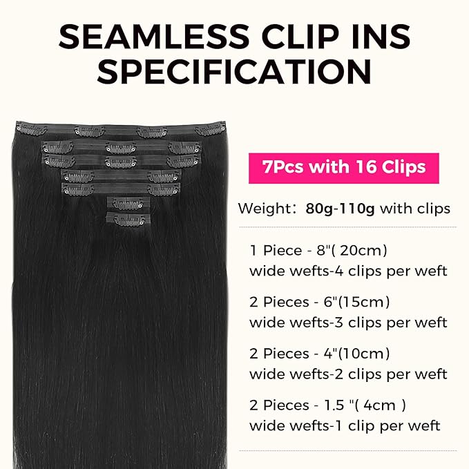 Lashey Seamless Clip in Hair Extensions Real Human Hair, Straight 7pcs 110g 16 Inch #1 Jet Black Remy Human Hair Clip in Hair Extensions with Invisible PU Weft