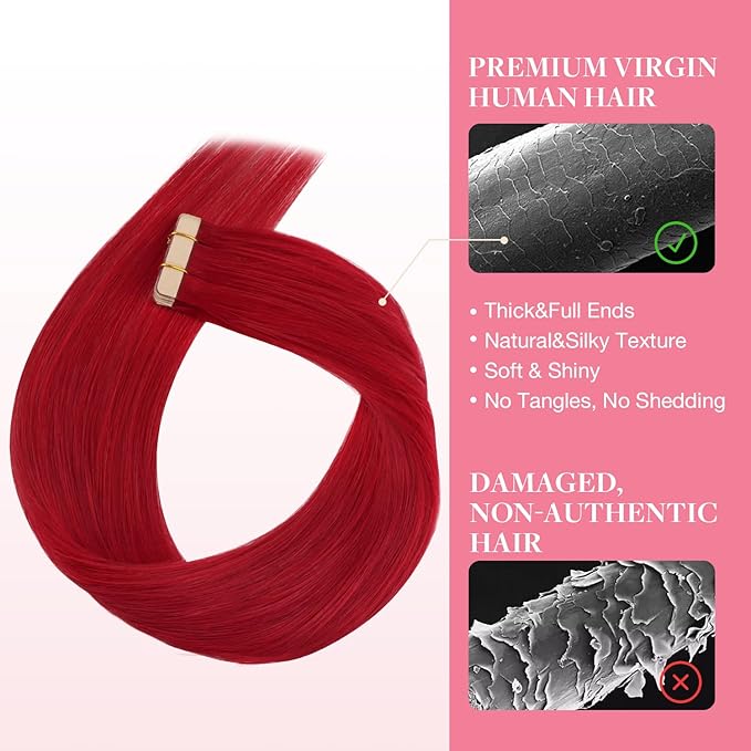 GOO GOO Tape in Hair Extensions Human Hair, Red, 16inch 25g 10pcs, Colored Tape ins Human Hair Extensions, Silky&Soft Invisible Tape Ins, Hair Highlighted for Party
