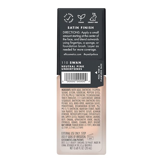 e.l.f. Flawless Finish Foundation, Lightweight & Medium Coverage, Semi-Matte Finish, Swan, 0.68 Fl Oz (20mL)