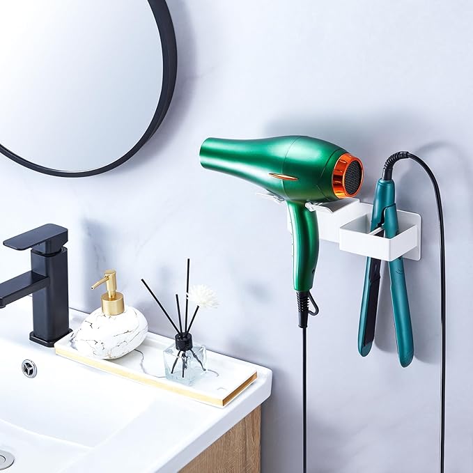 Hair Dryer Holder, Hair Straightener Holder Wall Mount, Hair Tool Organizer, Hairdryer and Straightener Holders, Adhesive Hair Tool Storage for Blow Dryer, Curling Iron, Flat Iron Stand (White)