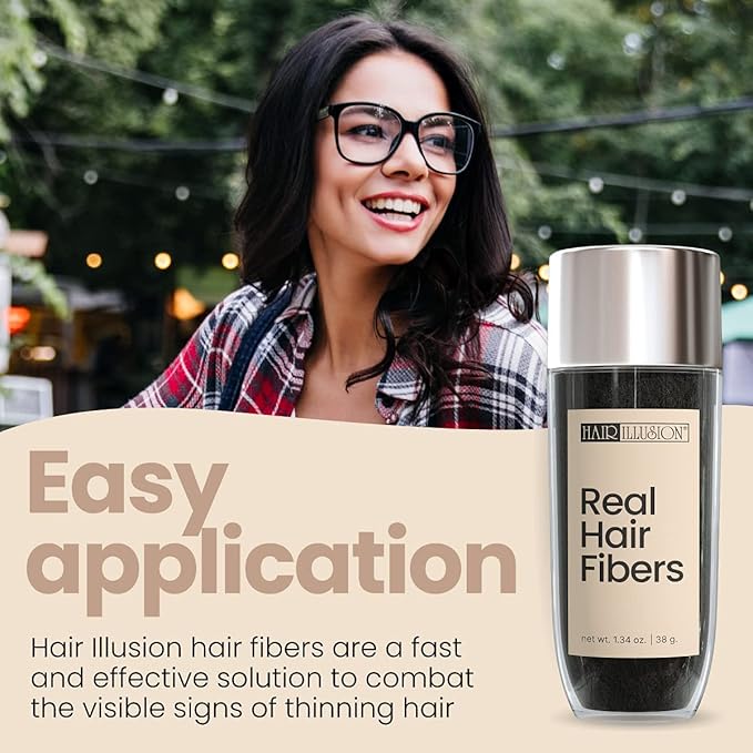 Hair Illusion Black Real Hair Fibers for Thinning Hair - 100% Natural Texture, Non Synthetic Hair Fibers - Bald Spot Cover Up for Women & Men - 38 Gram