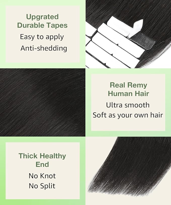 SURNEL Tape in Hair Extensions Human Hair 1B Off Black Remy Tape in Hair Extensions 16 inch 20pcs 50g(#1B-16)