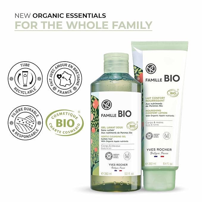 Yves Rocher Famille BIO Organic Cleansing Gel & Nourishing Comfort Milk Gift Set, Includes Vanity Bag, Apple Extract Botanical Formula, Organic Skin Care Products for Kids & Families