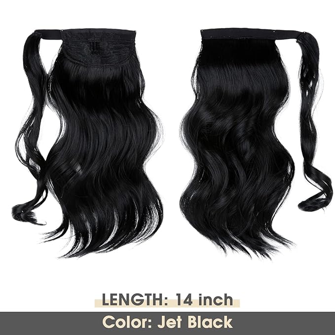 CJL HAIR 14" Short Ponytail Hair Extension Wrap Around Pony Tail Clip in Curly Wavy Synthetic Fake Hairpiece for Women Jet Black