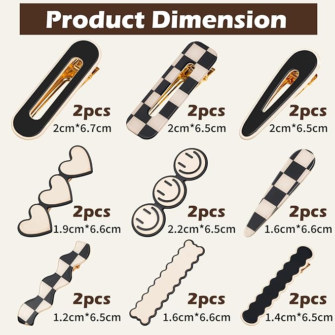 Gingbiss 18 Pcs Hair Clips for Women Girls, Black White Checker Cute Hair Barrettes with Storage Box, No Bend Korean Styling Minimalist Hair Accessories, Gift for Women Girls
