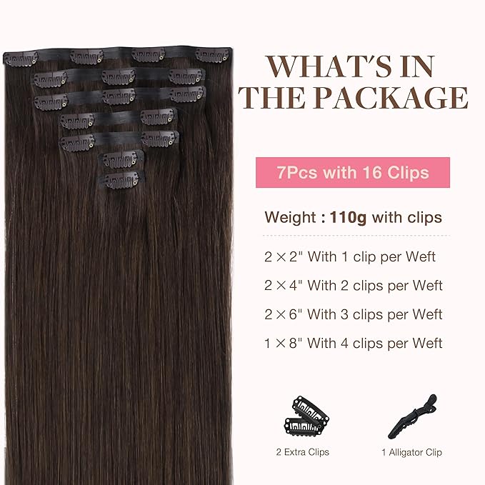 GOO GOO Clip in Hair Extensions Real Human Hair, Remy Human Hair Extensions Clip ins for Women, Natural Human Hair, 20inch 130g 7Pcs, #2A Light Brown