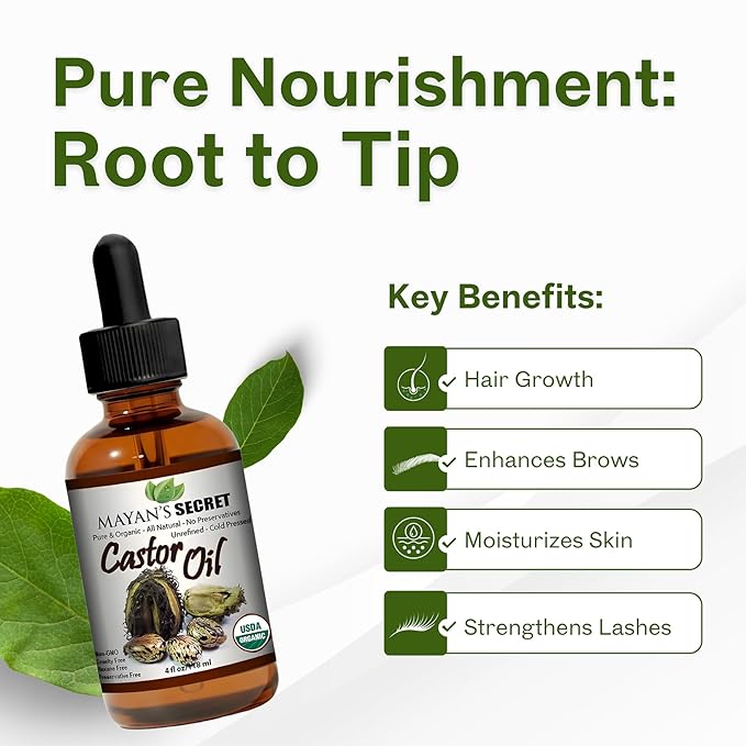 Mayan's Secret - Pure Cold-Pressed Castor Oil Organic Hexane-Free Unrefined 4 fl oz Glass Bottle – Natural Castor Oil for Hair Growth, Eyelashes, Eyebrows, Skin, Face & Body – USDA Certified