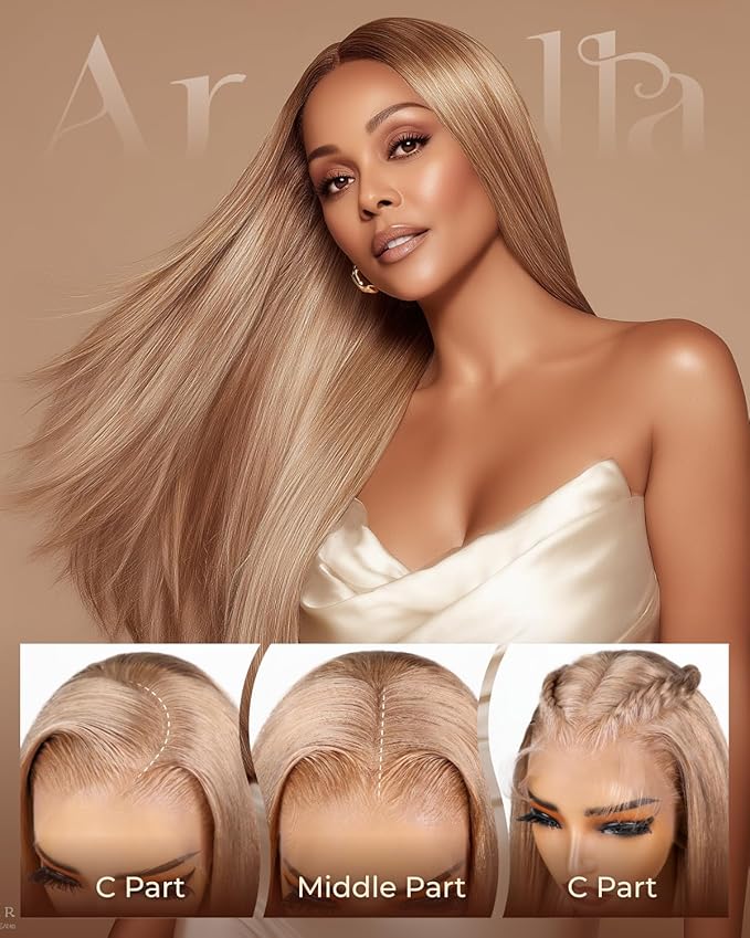 Arabella 13x6 Light Brown Blonde Wig Human Hair Glueless Wigs Human Hair Pre Plucked Pre Cut 13x6 Ear to Ear Full HD Lace Front Wigs 210% Density Straight Wig Drawstring Wig Human Hair 24 Inch