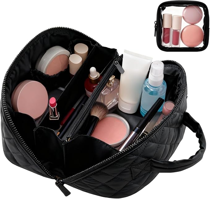 Cosmetic Bag for Travel, Large Capacity Pouch Purse Organizer, Waterproof Puffy Padded Make Up Toiletry Bag for Women (Black)