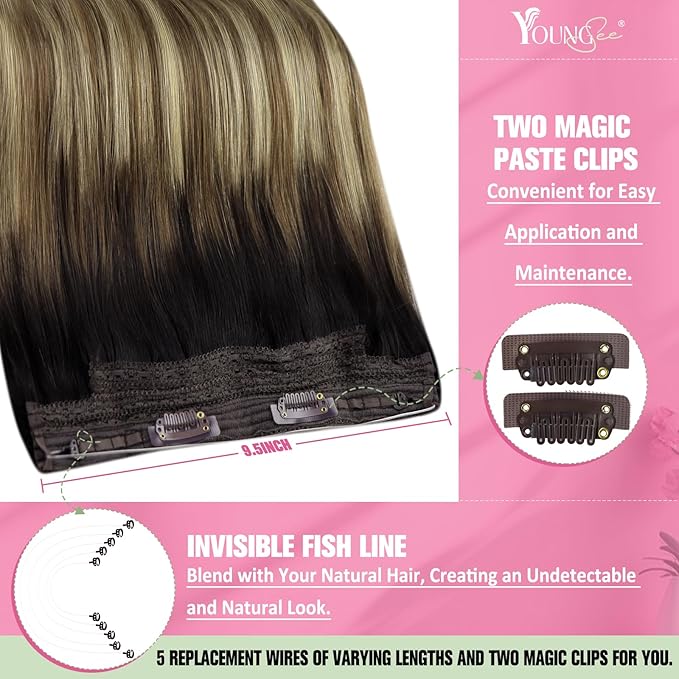 YoungSee 120G Wire Hair Extensions Dark Brown Ombre Medium Brown with Blonde Wire Hair Extensions Human Hair Balayage One Piece Hair Extension Real Human Hair for Women 18Inch