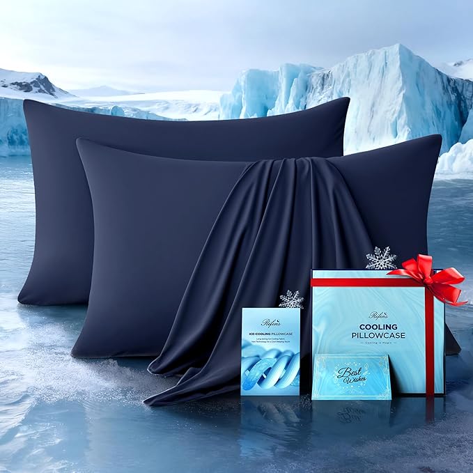 Ultra-Chill Cooling Pillowcase Set of 2 for Hot Sleepers, Softer Than Silk Pillow Cases for Protecting Hair & Skin, Breathable Bed Pillow Covers w/Zipper, Gifts for Women & Men (Navy Blue, Queen)