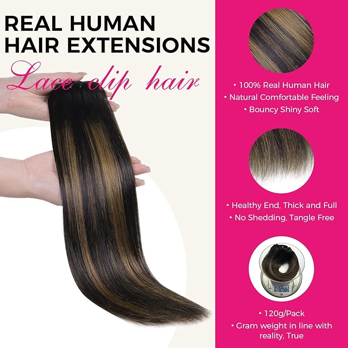 Lashey Human Hair Extensions Natural Black Mixed Chestnut Brown Clip in Hair Extesnions Straight 120g 7pcs Human Hair Clip ins 18 Inch Hair Extensions for Black Women Real Soft