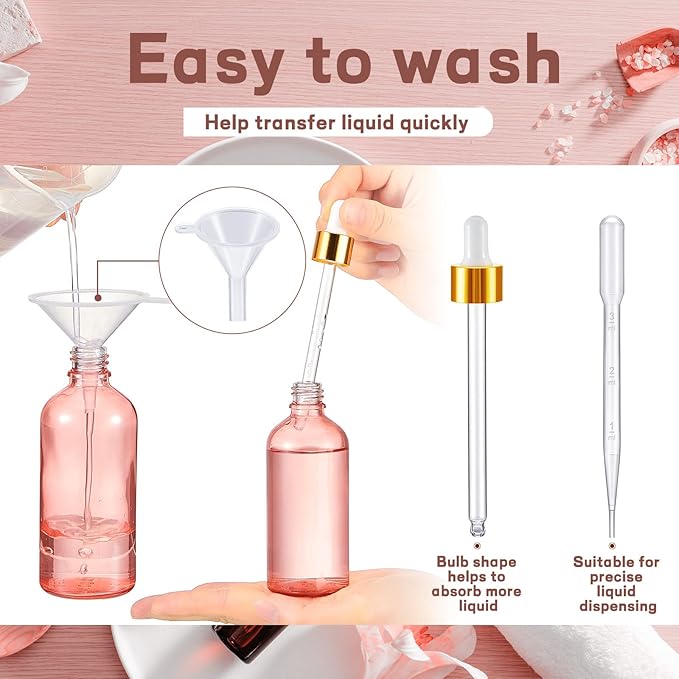 Tessco for you 20 Pack 3.4 oz Glass Dropper Bottles with Glass Eye Droppers for Essential Oils, Empty Oil Bottles with Funnel, Labels and Pipette for Hair Oils Perfume Cosmetic Travel(Pink)
