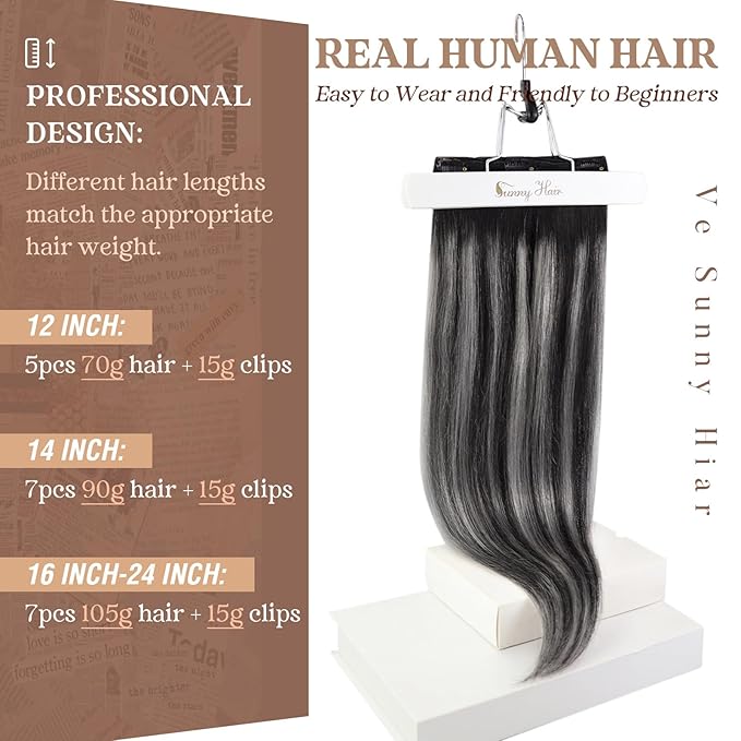Ve Sunny Clip in Human Hair Extensions Black Ombre Clip in Hair Extensions Real Human Hair Silver Hair Clip in Extensions Balayage Hair Extensions Ease of Installation 7pcs 120g 16inch