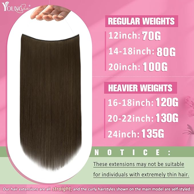 YoungSee Wire Hair Extensions Real Human Hair Brown Wire Human Hair Extensions Brown Fish Line Hair Extension Real Human Hair Easy of Use 70g 14 Inch