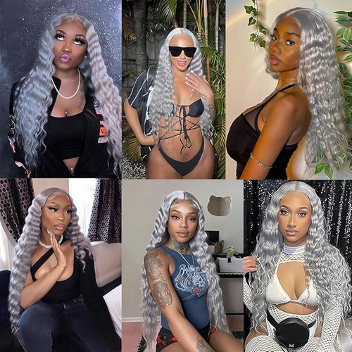 28 30 32 Inch Light Grey Bundles Human Hair Grey Deep Wave Bundles Double Weft Virgin Remy Silver Bundle Hair Weave Pure Grey Color