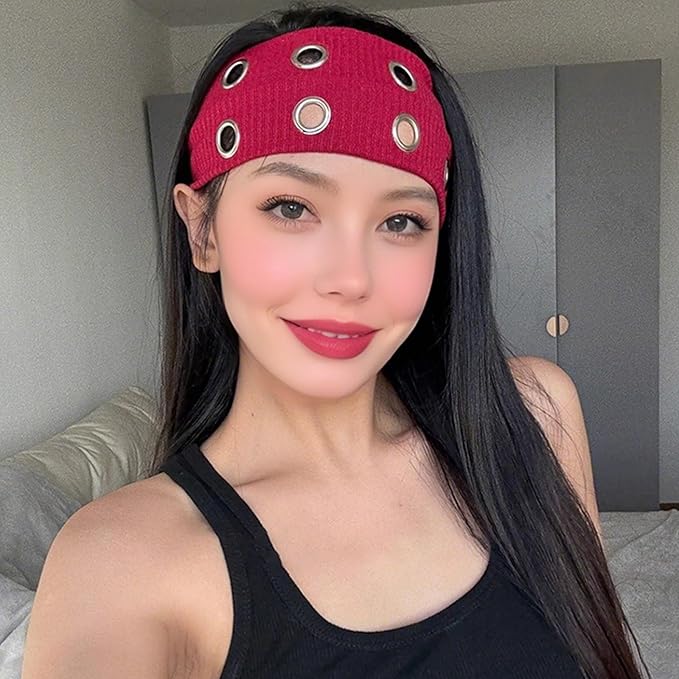 papasgix Grommet Headband for Women, Y2K Elastic Headband Wide Black Hair Band with Holes Metal Rock Style 2000s Hair Accessories (1, Black)