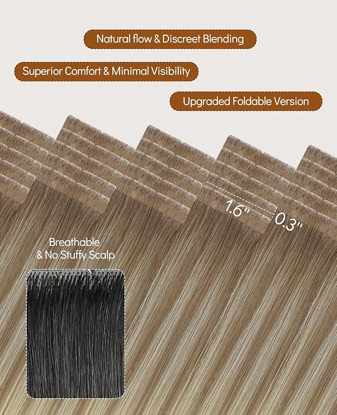 VINBAO Invisi Edge Tape in Extensions Human Hair 60g 20pcs Balayage Ombre Brown to Blonde Seamless Pro Quality Injection Extensions Human Hair Tape Ins 22inch #8T60