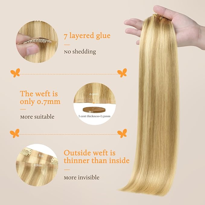 DOORES Clip in Hair Extensions Real Human Hair, DirtyBlonde Highlight Golden Blonde 130g 7pcs 16 Inch, Seamless Clip in Human Hair Extensions Natural invisible Edge Hair Extensions Straight Thick Hair