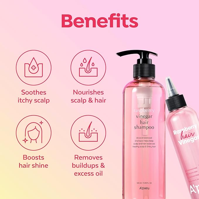 A’PIEU Raspberry Vinegar Shampoo & Hair Vinegar Rinse Conditioner Set – Scalp Clarifying, Buildup Removal, Refresing Finish, and pH-Balancing. Korean Hair Care (16.9 fl oz / 6.76 fl oz)