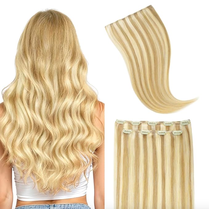 GOO GOO Clip in Hair Extensions Real Human Hair, Remy Human Hair Extensions Clip ins for Women, Natural Human Hair, 16inch 70g 2Pcs, #16/22 Light Blonde Highlighted Golden Blonde
