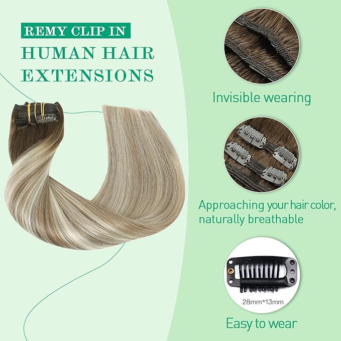 SURNEL Clip in Human Hair Extensions Balayage Clip in Hair Extensions 20 Inch 7pcs 160g Walnut Brown to Ash Brown and Golden Blonde Real Human Hair(7C#3/8/22-20'')
