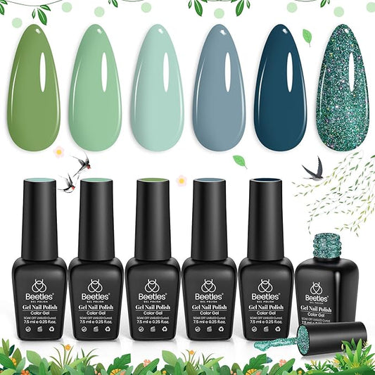 Beetles Green Gel Nail Polish Set - 6 Colors Green Gray Blue Glitter Nail Gel Polish Soak off Uv Gel Nail Art Manicure Gifts for Women