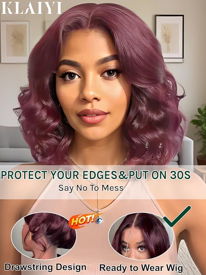KLAIYI Black Cherry Bob Loose Body Wave Precut 7x5 HD Lace Front Wigs Human Hair Glueless Bye Bye Knots Drawstring Red Burgundy Wig with Curtian Bang Pre Plucked Bleached Ready to Put On And Go 10Inch