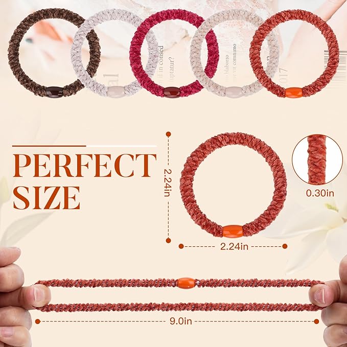 Braided Hair Ties No Damage, Soft Plush Hair Elastics, Ponytail Holders & Hair Bands for Women & Girls, Thick Hair, Stretch Wrist Bracelet Ties, Gentle All-Day Hold, Set of 10 - Ember Glow