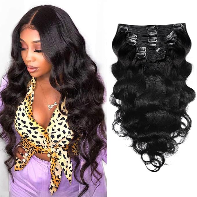 Body Wave Brazilian Clip in Hair Extensions Human Hair 8Pcs Remy Hair Extensions Clip ins for Black Women with 18Clips 120g (24inch, Natural Black)