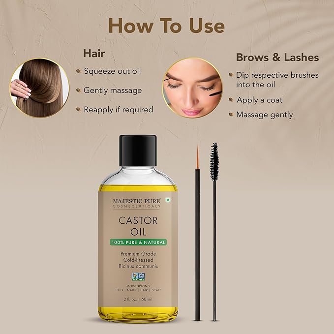 Majestic Pure Castor Oil - 100% Pure & Natural - Premium Grade, Cold Pressed, Hexane Free - Hair, Eyelashes, Eyebrows, Nails - Moisturizing & Nourishing - 2 Fl Oz