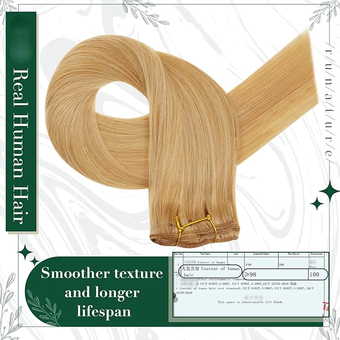 RUNATURE Real Human Hair Clip in Extensions Blonde, 14 Inch Clip in Hair Extensions Human Hair, Remy Hair Extensions Clip Ins, Easy to Maintain, 50g 3pcs #16P24 Golden Blonde Highlight