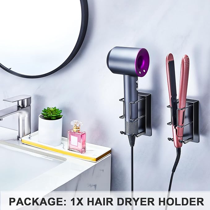 Blow Dryer Holder Wall Mount Hair Dryer Holder, Adhesive Straightener Holder, Curling Iron Holder for Bathroom Salon Barber Shop, Flat Iron Holder, Hair Tools Organizer Storage (Black)