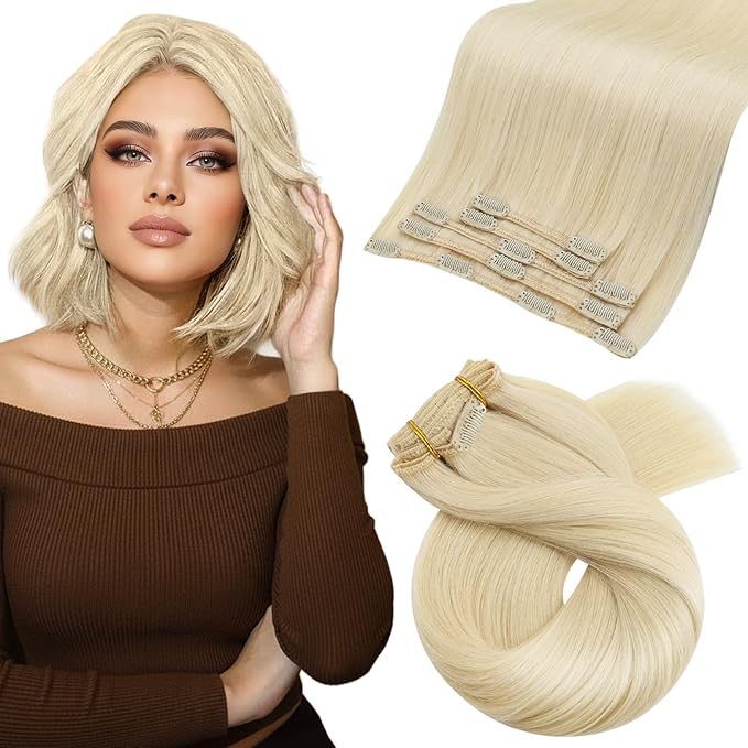 Moresoo Blonde Hair Extensions Clip in Human Hair 10 inch Double Weft Clip in Hair Extensions Real Human Hair Platinum Blonde Clip in Human Hair Extensions for Women #60 5Pcs/70G