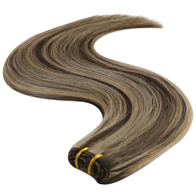 YoungSee Hair Extensions Weft Brown Highlights Sew in Hair Extensions Real Human Hair Dark Brown Mix Caramel Blonde Human Hair Weft Extensions for Women 18Inch 100G