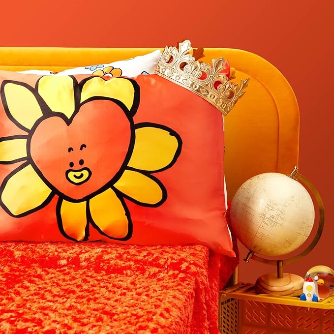 Kitsch x BT21 Satin Pillowcase with Zipper – Better Than Silk Pillowcase, Tata Character & Funky Floral Print – Soft Cooling Toddler Bed Time Pillow Case for Hair & Skin – Queen/Standard 19x26