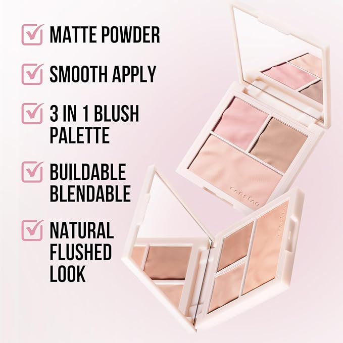 3 Colors Blush Palette For Cheek Makeup, Matte Blush Powder Blendable Face Blush,12H Longlasting, Lightweight, Smooth Pink Blush, Sunset Orange, 0.37Oz