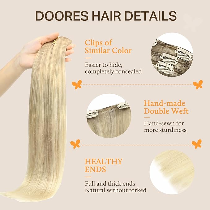 DOORES DOORES Classic Clip Seamless Clip, 5pcs 80g 18 Inch Balayage Ash Blonde to Golden Blonde and Platinum Blonde