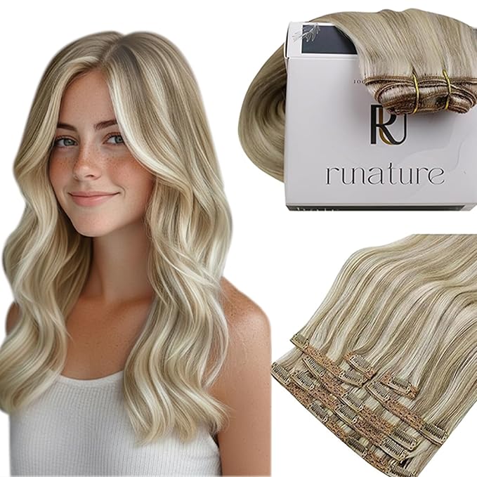 RUNATURE Clip in Hair Extensions, Real Human Hair Clip in Extensions Blonde, Straight Remy Hair, No Shedding Tangle Free, 18 Inch 120g 7pcs #8P60 Ash Brown Highlight Platinum Blonde