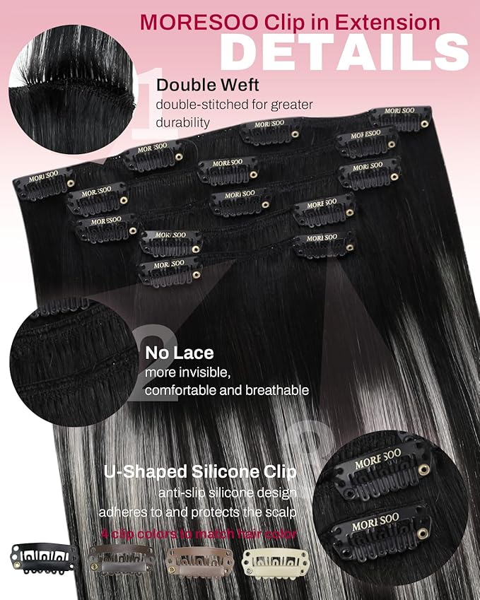 Moresoo Black And Silver Human Hair Clip in Extensions Balayage Natural Black to Silver Grey Hair Extensions Real Human Hair Clip ins Remy for Women Double Weft 80g/5pcs 16 in