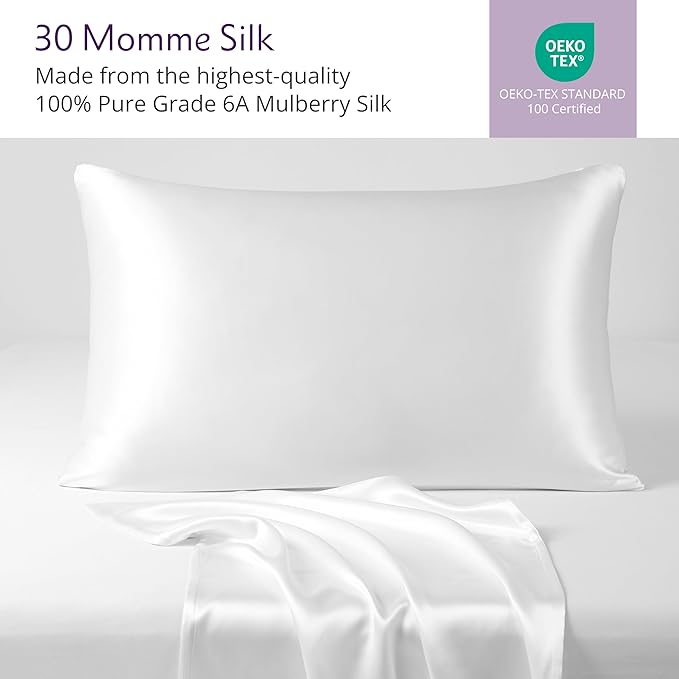 Mulberry Park 30 Momme 100% Pure Mulberry Silk Pillowcase - Luxury Charmeuse Weave for Hair and Skin, Cooling Silk Pillow Cover for Beauty Sleep - King Size 20"x36" / White